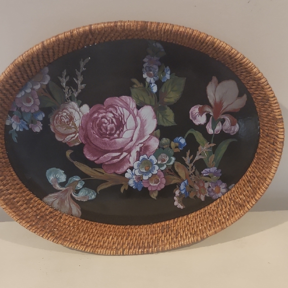 MacKenzie-Childs Black and Brown Decor Tray with Floral Accents